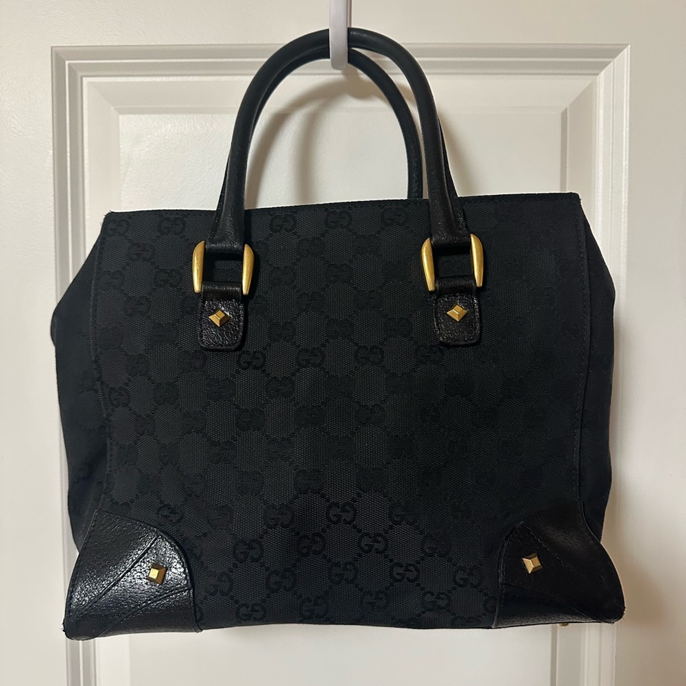 Gucci GG Canvas Tote Bag In Black Leather With Studs - Picture 3 of 16